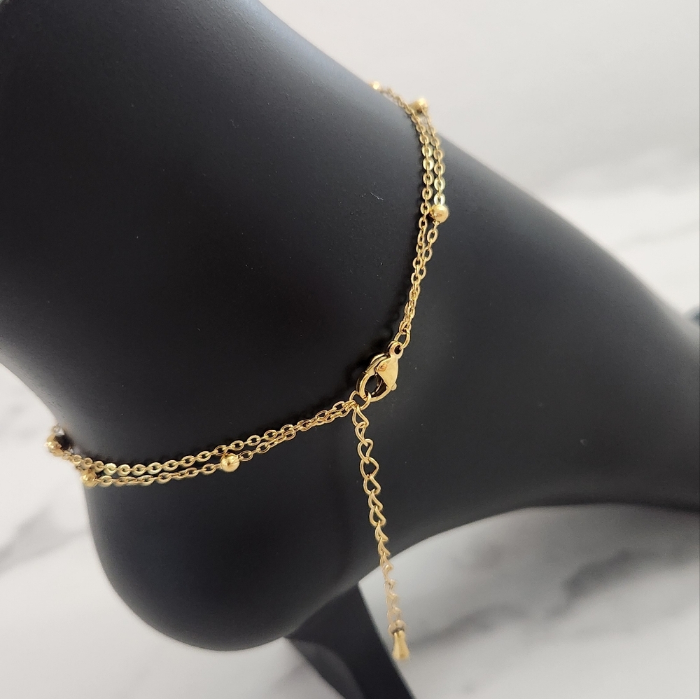 Gold Double Chain Anklet Dainty Crystals Butterfly Heart Charm Ankle Bracelet - Picture 8 of 14
